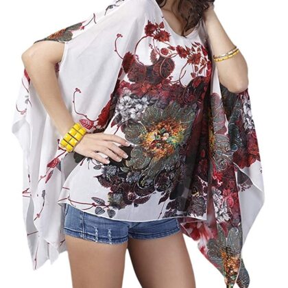 Women Summer Floral Printed Shirt Batwing Sleeve Top Chiffon Poncho Casual Loose Blouse