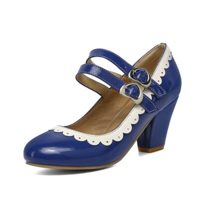 High Heels Round Toe Double Buckle Shallow Block Heel Vintage Shoes