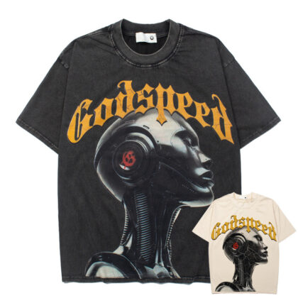 American High Street Niche Trendy Godspeed Retro Technology Robot Print Short-sleeved T-shirt