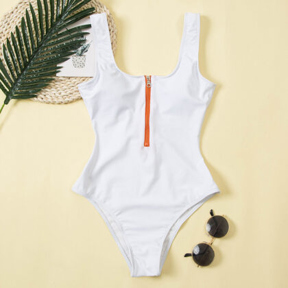 Women Sexy Zipper Front Low Back High Cut One Piece Swimsuit Bathing Suit